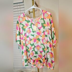 JODIFL Women's‎ Floral V-Neck Blouse - Pink, Orange, Green